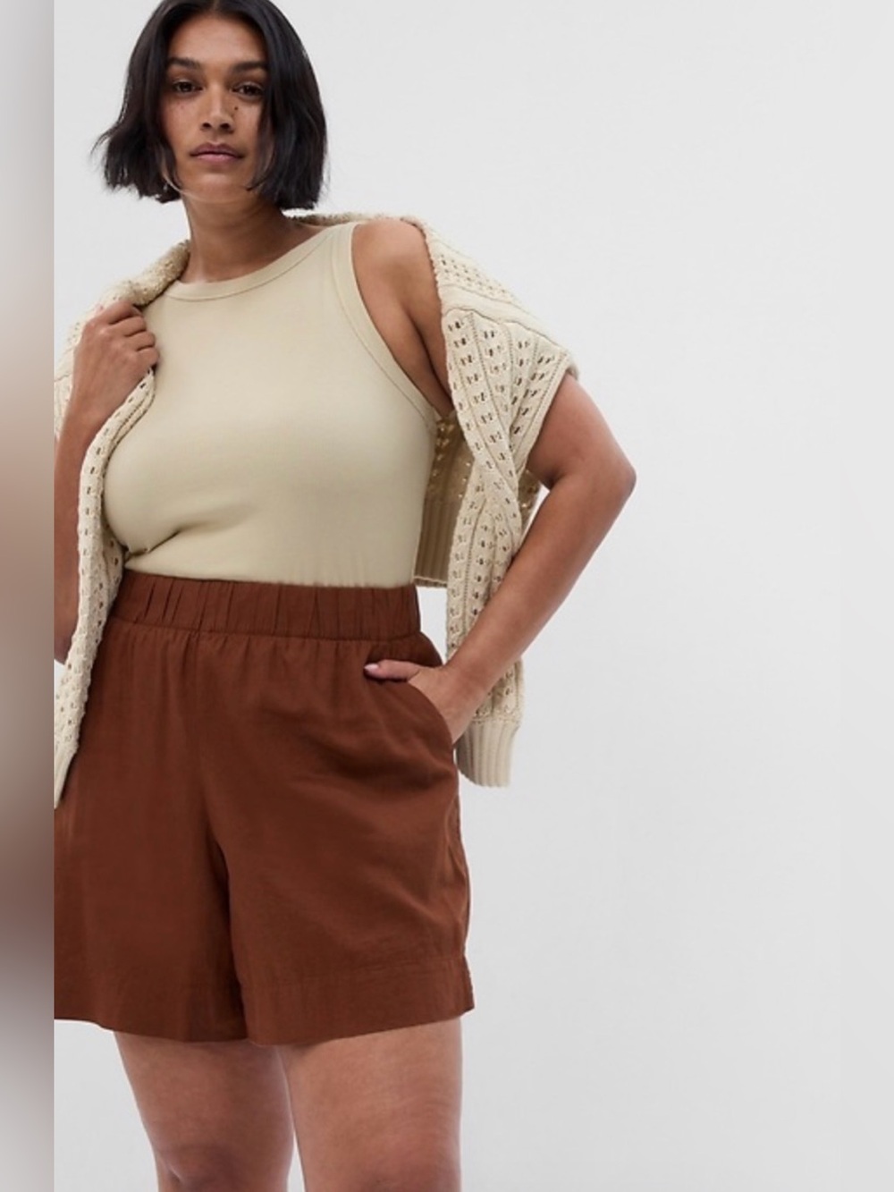 gap linen blend pull on shorts brown